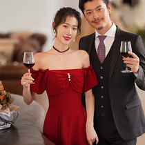 Toast clothing shoulder 2021 New thin wedding bride temperament wine red back door winter evening dress engagement