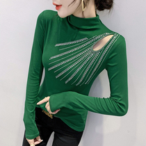 European Standing Jersey Woman Autumn Winter Heavy Work Bronzing T-shirt Woman Long Sleeve Inner Lap Sexy Hollowed-out Blouse Foreign Air Cardiovert