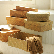 (Shang) Seagrass long square with lid storage box storage box rattan bamboo pastoral kitchen bathroom storage basket