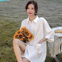 Sleepwear Lady Spring Autumn Ice Silk Short Sleeve White Shirt Sleeping Dress Summer Sexy Cute Real Silk Loose Thin and Thin Family Clothing