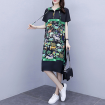 Large size womens 2021 summer new fashion print T-shirt hooded design sense of foreign atmosphere long temperament dress women