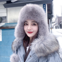 South Korean high-end fox fur Lei Feng cap woman winter northeast outdoor warm hat leather straw hat ski protective ear cap woman