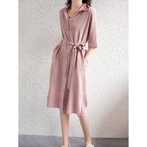 High-end bi into a simple luxury 30mm heavy silk crimped mid-sleeve lapel single-breasted trench coat dress