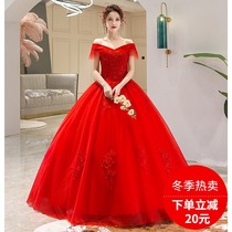 Pregnant woman main wedding dress 2022 New in winter word shoulder red wedding bridal gown big size small sub advanced texture