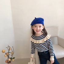  Girls striped fungus sweater 2021 early spring Korean version of the female baby round neck pullover slim-fit bottoming sweater trend