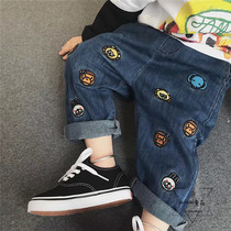 LANIKIki Custom spring autumn male and female child cute cartoon animal embroidery pattern curbside thin jeans