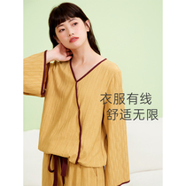 Anzhipajamas womens long sleeves loose size home clothes Chinese style spring and autumn womens V-collar two-piece thin