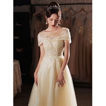 Champagne-colored evening dress womens 2022 new high-end light luxury niche bridesmaids long section Mori banquet temperament art test skirt