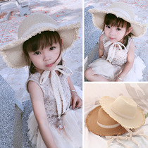 Summer girls lace ribbon hat outdoor vacation big eaves sun hat sun hat tie with windproof rope straw hat Korean version