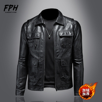 Mens Warm Leather Clothing Youth Winter Locomotive Wear jacket Body Multi-Pocket Turnover Plus Suede PU Leather Jacket Male Tide