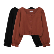 Yellow does not bother retro bubble sleeve French top womens collar thin short long sleeve white shirt 2021 New