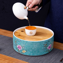 Grilled flower ceramic tea tray round water storage tray water storage tray Chinese kung fu tea set dry bubble small tea table bamboo tea tray