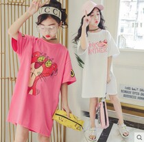 2022 childrens summer new girls cartoon loose long T-shirt skirt childrens short sleeves tops in the big boy t-shirt