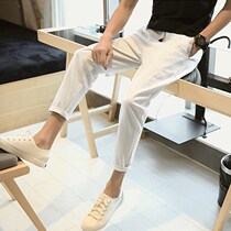 Flax nine casual pants mens summer thin Korean version of the trend Joker handsome cotton linen loose straight leg pants