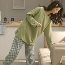 Pajamas women 2021 new autumn and winter Cotton solid color long sleeves can be worn outside Spring and Autumn home clothes two-piece suit