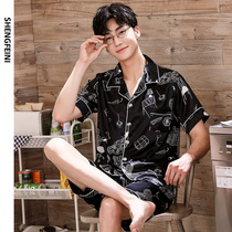  Mens summer ice silk silk pajamas Mens summer thin home service suit short-sleeved shorts two-piece silk zs