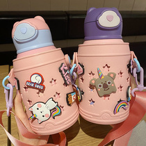 Thermos cup messenger ins girl heart primary school students with straw double cover childrens cute high-value large-capacity kettle