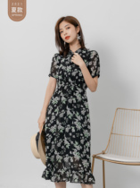 Seven volume a cut small woman black vintage floral waist lace chiffon dress 2021 new summer 0516