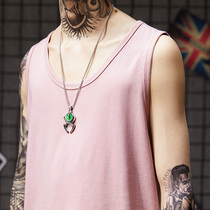 Tide block show pink vest men tide brand ins student couple outfit medium long arc hem sleeveless T-shirt men