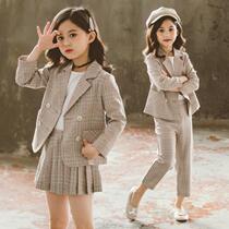 Girl Autumn Dress Suit Two Suits Children Plaid West Suit Foreign Air Spring Autumn Money Casual Little Girl Jacket Skirt