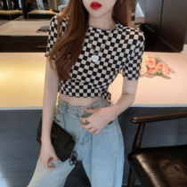 Black and white checkered high waist short sleeve t-shirt female summer 2022 swarm with slim net red short and dont give a hitch in the blouse
