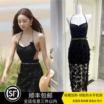 Song Zia Tongan SEXY BLACK HARNESS Back Chain Swimsuit Women INS Small Red Book Conjoined Half Body Dress Swimsuit