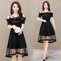 2021 new summer fat sister mm mesh stitching lace belly dress large size womens foreign atmosphere age