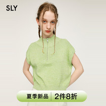 SLY 2022 Summer new pure color half high collar zipped down shoulder sleeves Knitted Sweatshirt T-shirt Woman 030FSZ70-4100