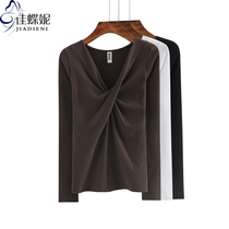 Spring and autumn low V collar slim cotton slim long sleeve T-shirt base shirt New Korean version of inner top womens T-shirt
