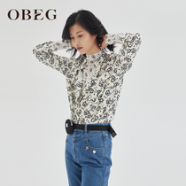 OBEG eBiqian 2022 spring and summer new fashion commuter shirt crumbled with small upright collar long sleeve shirt 10423060