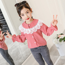 Girls spring shirt 2021 new childrens cotton foreign style plaid shirt in the big children Korean coat small shirt tide