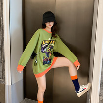 Avocado green sweater women plus velvet thickened winter Korean loose mid-length BF style printed lambskin top tide