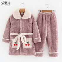 Autumn and winter childrens flannel pajamas set thickened cationic mid-length girls coral fleece home clothes for big children
