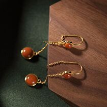 S925 sterling silver gilded south red agate earrings retro personality long ear hook personality temperament ear jewelry