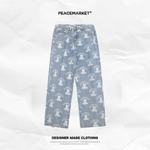 PEACEMARKET China Maths Cronyism Street Hiphop High Street Pants Male Print Loose Tide Card Jeans