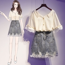 Plus Size Womens 2021 Summer New Fat mm Lace Short Sleeve Top Cover Belly Denim Skirt Two Piece Set