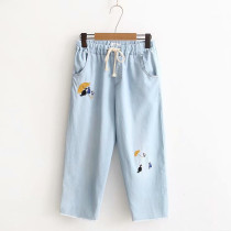 13 junior high school 14 high school students 16 years old female child 15 leisure 12 years old summer embroidered umbrella cat denim Capri pants