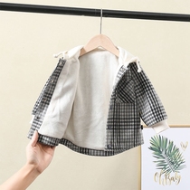 Boy coat spring and autumn in thin suede children fake two even cap plaid blouses male baby girl foreign air Han Fan tide
