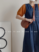 Denim Vest Skirt Woman casser-Japanese vintage retro v collar stack wearing one-piece dress with a long lap single row of kneecap A character dress