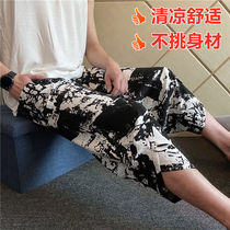 Summer mens pajamas Mens summer cotton silk home pants loose large size shorts can be worn outside thin casual three-point pants