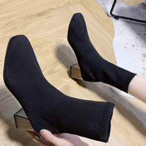 Hong Kong 2021 autumn winter new thin slimmer shoes coarse heel high heel Martin boots knit elastic socks boots Boots Square short boots
