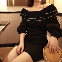 Black Little Skirt 2021 New Summer Ruffles Collar Bubble Sleeve Dress Women Waist Skirt