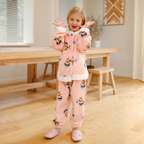 Childrens coral velvet pajamas autumn and winter girls flannel little girl home clothing set thick winter
