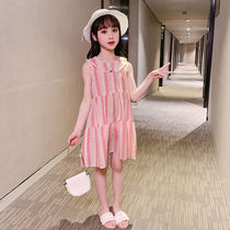 Girls Korean dress summer 2021 new female big boy net red western style pink sleeveless princess skirt striped skirt