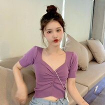 Summer 2021 New Korean version of small foreign style vneck bubble sleeve sweater womens net red short shirt top