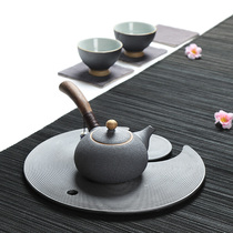 Quiet life Coarse pottery side handle pot Handmade black pottery Japanese-style Pot Ru Kiln Open piece Ebony handle Teapot