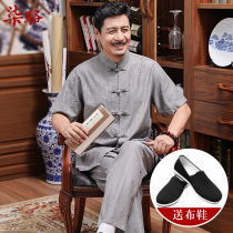 Tang suit male middle-aged and elderly dad summer dress short-sleeved old man retro clothes Chinese style cotton and hemp grandpa linen suit