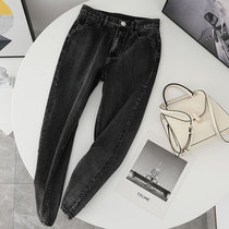  France D off 1499 early spring new shiny blingbling rhinestone buckle soft charcoal gray black jeans