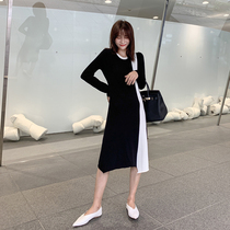 EKOOL color matching long-sleeved knitted dress female autumn Korean slim slim slim medium long base skirt