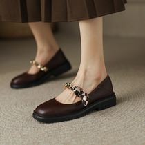 2022 Spring new round head chain Mary Jane shoes woman in line flat bottom single shoes genuine leather single shoe woman
